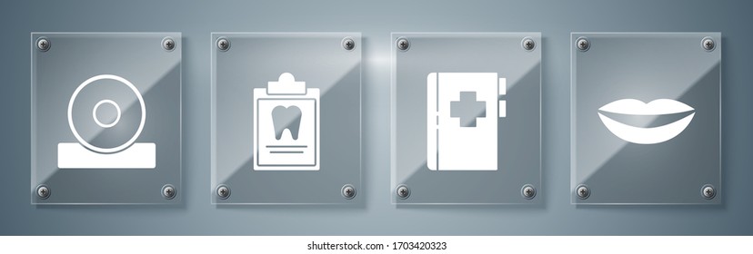 Set Smiling lips, Clipboard with dental card, Clipboard with dental card and Otolaryngological head reflector. Square glass panels. Vector