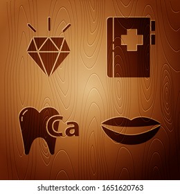 Set Smiling lips, Diamond teeth, Calcium for tooth and Clipboard with dental card on wooden background. Vector