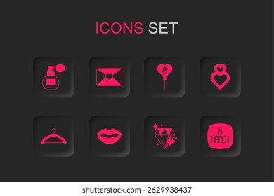 Set Smiling lips, Envelope with 8 March, Perfume, Diamond, Heart, Balloons and Hanger wardrobe icon. Vector