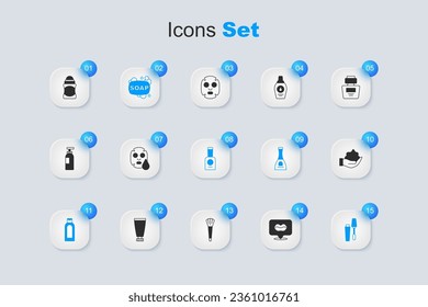 Set Smiling lips, Facial cosmetic mask, Bar of soap, Bottle shampoo, Mascara brush, Shaving foam on hand, Deodorant roll and nail polish icon. Vector