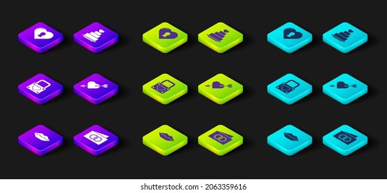 Set Smiling lips, Greeting card, Lock and heart, Amour with arrow, Wedding cake and Heart keyhole icon. Vector