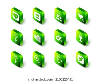 Set Smiling lips, Lover couple, Amour with heart and arrow, Glass of champagne, Heart, speech bubble, Bow and Search love icon. Vector