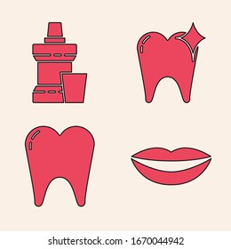 Set Smiling lips, Mouthwash plastic bottle, Tooth whitening concept and Tooth icon. Vector