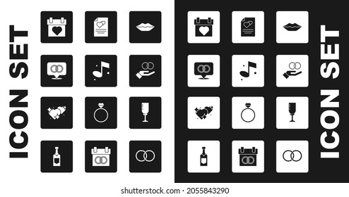 Set Smiling lips, Music note, Wedding rings, Calendar, Greeting card, Glass of champagne and Two Linked Hearts icon. Vector