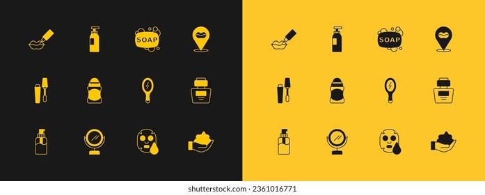 Set Smiling lips, Round makeup mirror, Hand, Facial cosmetic mask, Deodorant roll, Bar of soap, Lip augmentation and Bottle shampoo icon. Vector