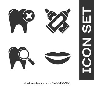 Juego de labios sonrientes, Diente con caries, Búsqueda dental y Tubo cruzado de ícono de dentífrico. Vector