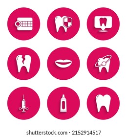 Juego de labios sonrientes, Tubo de pasta dental, Diente, blanqueamiento, Jeringa médica dental, Roto, ubicación clínica e ícono de modelo Dentures. Vector