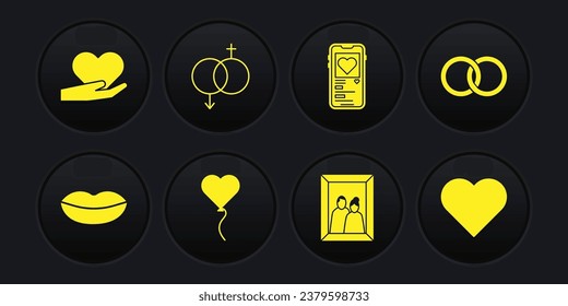 Set Smiling lips, Wedding rings, Balloon form of heart, Picture frame, Mobile with, Gender, Heart and hand icon. Vector