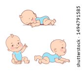 Set with smiling little baby boy in diaper, bodysuit. Active baby of age from 3 months to year learn to crawl, move on his stomach. First year of child. Healthy baby play.