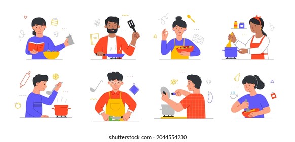 Set with smiling male and female characters cooking on kitchen table. Collection of various people preparing food on white background. Flat cartoon vector illustration