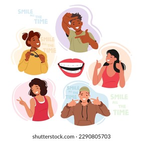 Set of Smiling Male and Female Characters With Braces Flash Their Smiles Confidently, Embracing Their Unique Orthodontic Journey With Determination And Optimism. Cartoon People Vector Illustration