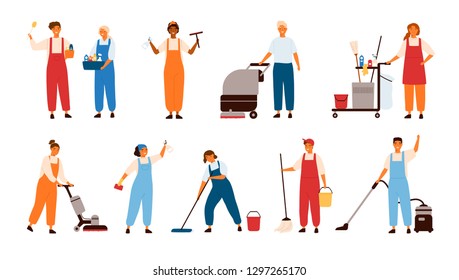Set of smiling male and female cleaning service workers, home cleaners or housekeepers with floor polishing machines, mops, wipers isolated on white background. Flat cartoon vector illustration.