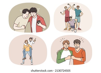 Set of smiling male friends hug show unity and respect. Collection of happy guys have fun relax rest together. Manhood and friendship concept. Flat vector illustration. 