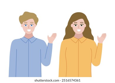 Set of smiling man and woman introducing. Business, presentation, information, guidance concept. Flat people character vector design illustration isolated on white background