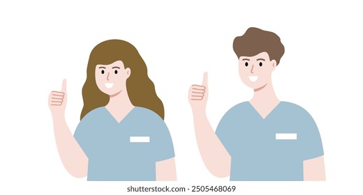 Set of smiling medical staff showing thumbs up sign. Professional doctor with positive hand gesture. Healthcare, therapy, treatment concepts. Flat people character vector design isolated illustration.