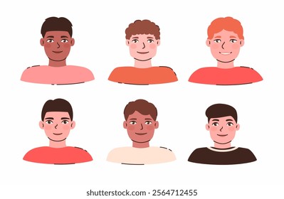 Set of smiling men of different races. Flat vector illustration.