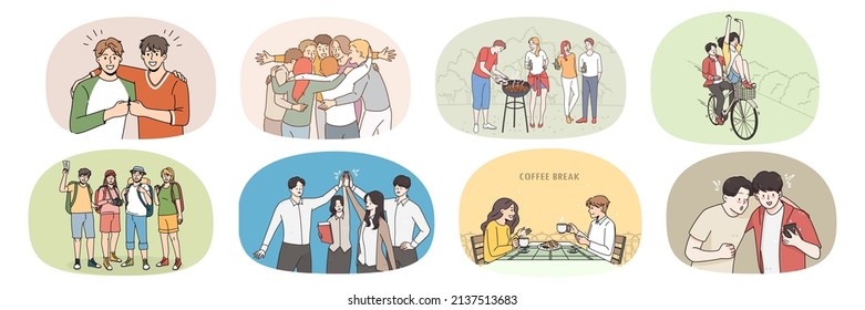 Set of smiling millennial diverse friends have fun enjoying leisure weekend together. Collection of happy young people relax rest on summer vacation. Youth friendship concept. Vector illustration. 