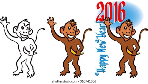 Set of Smiling Monkey. New Year of Monkey 2016.Concept for cards, tickets, branding, logo,label, background. It Can be used for flayers, banners, posters. Elements are isolated on white background.   