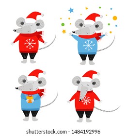 Set of smiling mouse in clothes and Christmas hat. Hand drawn vector cute mouse. The rat is Chinese symbol 2020 year. Greeting card. Funny animals celebrate new year.