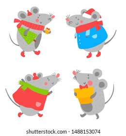 Set of smiling mouse in clothes and Christmas hat. Hand drawn vector cute mouse. The rat is Chinese symbol 2020 year. Greeting card. Funny animals celebrate new year.