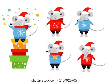 Set of smiling mouse in winter clothes and Christmas hats. Hand drawn vector cute mouse. The rat is Chinese symbol 2020 year. Greeting card. Funny animals celebrate new year.