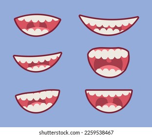Set of smiling mouths with teeth on lilac background