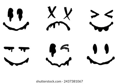 Set of smiling mouths vector on white background. Face doodle art style. Melted smile faces set. Urban graffiti style vector design element isolated on white background