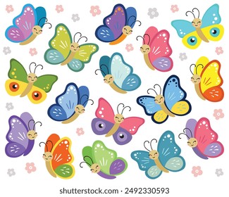 Conjunto de Clipart de mariposa multicolor sonriente. Ilustración vectorial de colección de dibujos animados de mariposa sobre fondo blanco. Mariposa voladora aislada. Elementos de diseño de ducha para bebés. Invitación de fiesta, cumpleaños