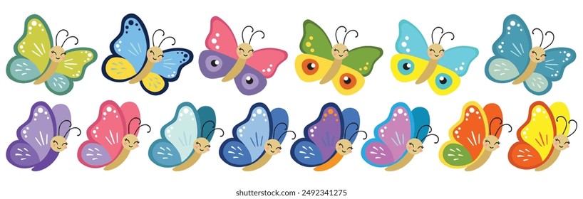 Set of smiling multicolor butterfly clipart. Vector illustration of butterfly cartoon collection on white background. Flying butterfly isolated. Baby shower design elements. Party invitation, birthday