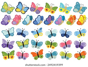 Set of smiling multicolor butterfly clipart. Vector illustration of butterfly cartoon collection on white background. Flying butterfly isolated. Baby shower design elements. Party invitation, birthday