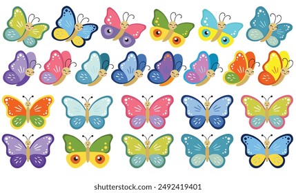 Set von lächelnden mehrfarbigen Schmetterling-Clipart. Vektorillustration von Schmetterling Cartoon Kollektion auf weißem Hintergrund. Fliegende Schmetterlinge isoliert. Babydusche Design-Elemente. Partyeinladung, Geburtstag