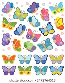 Set of smiling multicolor butterfly clipart. Vector illustration of butterfly cartoon collection on white background. Flying butterfly isolated. Baby shower design elements. Party invitation, birthday