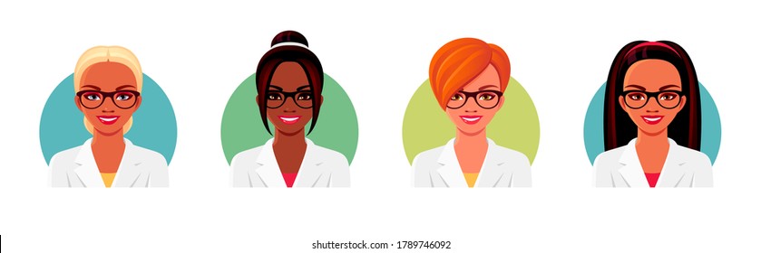 Set of smiling nurse or doctor wearing white medical uniforms and eyeglasses. African American and European women avatar faces. Vector isolated illustrations.