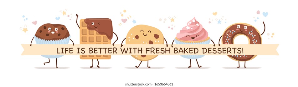 Set of smiling pastry characters in Kawaii style. Choco waffle, cookie, donut, muffin, and cupcake. Lovely baked foods with a ribbon and place for your text. Banner, card design for bakery or cafe.