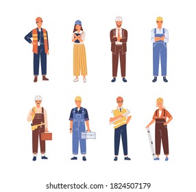 Set of smiling people industry or construction workers, engineers vector flat illustration. Collection of man and woman in uniform and hard hats isolated on white. Person with professional equipment