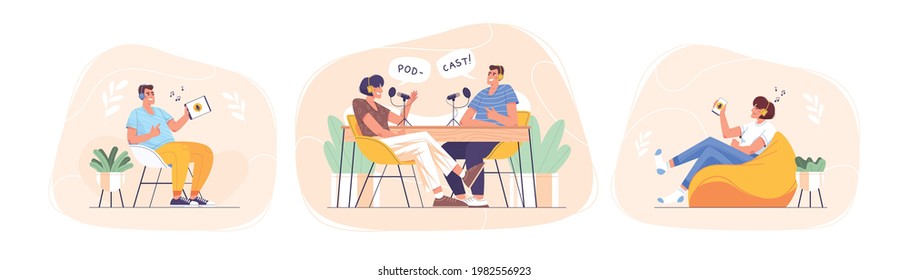 Set of smiling people listening and recording audio podcast or online show vector flat illustration. Joyful person radio host interviewing guest. Characters in chair with device in hand self educate.
