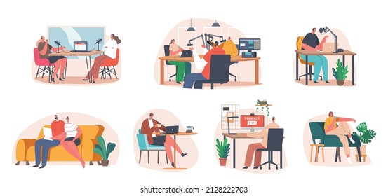 Set of Smiling People Listening and Recording Audio Podcast or Online Show. Joyful Male and Female Characters Radio Host Interviewing Guest, Mass Media Broadcasting. Cartoon People Vector Illustration