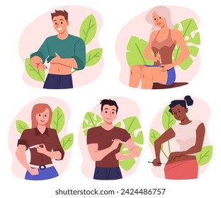 Set von lächelnden Menschen machen Selbstinjektionen in verschiedenen Körperteilen flachen Stil, Vektor-Illustration isoliert auf weißem Hintergrund. Dekorative Designelemente Sammlung, Gesundheitswesen und Behandlung
