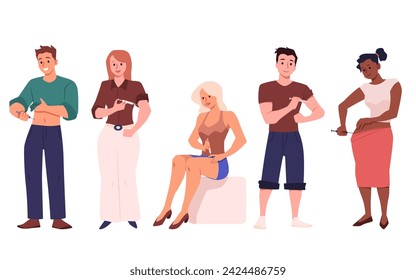 Set of smiling people making self injections in different body parts flat style, vector illustration isolated on white background. Decorative design elements collection, healthcare