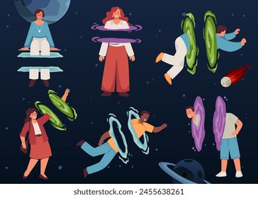 Set of smiling people using teleport or portal flat style, vector illustration isolated on space background. Decorative design elements collection, travel in time and space, fantasy