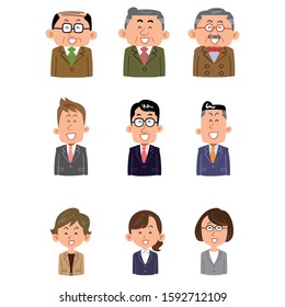 Set of smiling people working in the office, various ages, genders