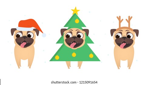 Set of smiling pugs dress up in christmas costume of Santa, xmas tree and Christmas deer. Stylish  Christmas and New year apparel collection for dog. Funny vector cartoon flat illustration.