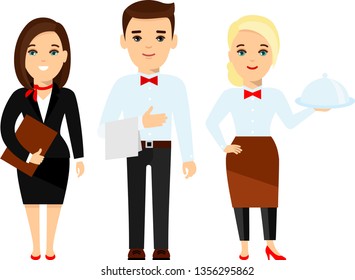 Set of smiling restaurant workers - restaurant or hotel administration, waiter, chef. Collection of restaurant team in different poses. 
