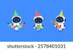 Set of smiling robots celebrating birthday with party elements. Vector illustration for AI, celebration or tech themed designs