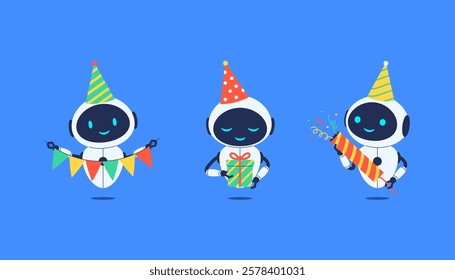 Set of smiling robots celebrating birthday with party elements. Vector illustration for AI, celebration or tech themed designs