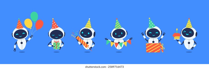 Set of smiling robots celebrating birthday with party elements. Vector illustration for AI, celebration or tech themed designs