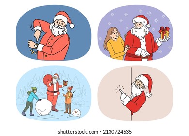 Set of smiling Santa Claus congratulate greet with New Year celebration. Collection of happy father Christmas celebrate winter holidays. Merry vacations. Flat vector illustration. 