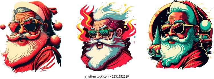 Juego de caricaturas de Santa Claus sonriente. Ilustración secreta de Santa Claus. Ilustración vectorial de los logotipos de mascota de Santa mascota o personaje adorables. Estilo groovy.espacio de copia.conjunto de diseño