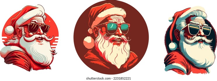 Set of Smiling Santa mascot cartoon style.Secret Santa Christmas illustration with Santa Claus.vector illustration of cute Santa mascot or character mascot logos.Groovy style.copy space.design assest