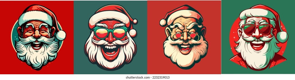 Set of Smiling Santa mascot cartoon style.Secret Santa Christmas illustration with Santa Claus.vector illustration of cute Santa mascot or character mascot logos.Groovy style.copy space.design assest